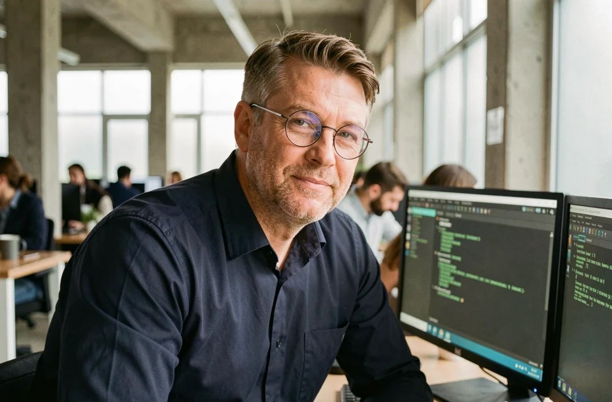 Homme avec des lunettes travaillant sur double écran avec texte vert doux, pour illustrer les couleurs d'écran adaptées aux yeux