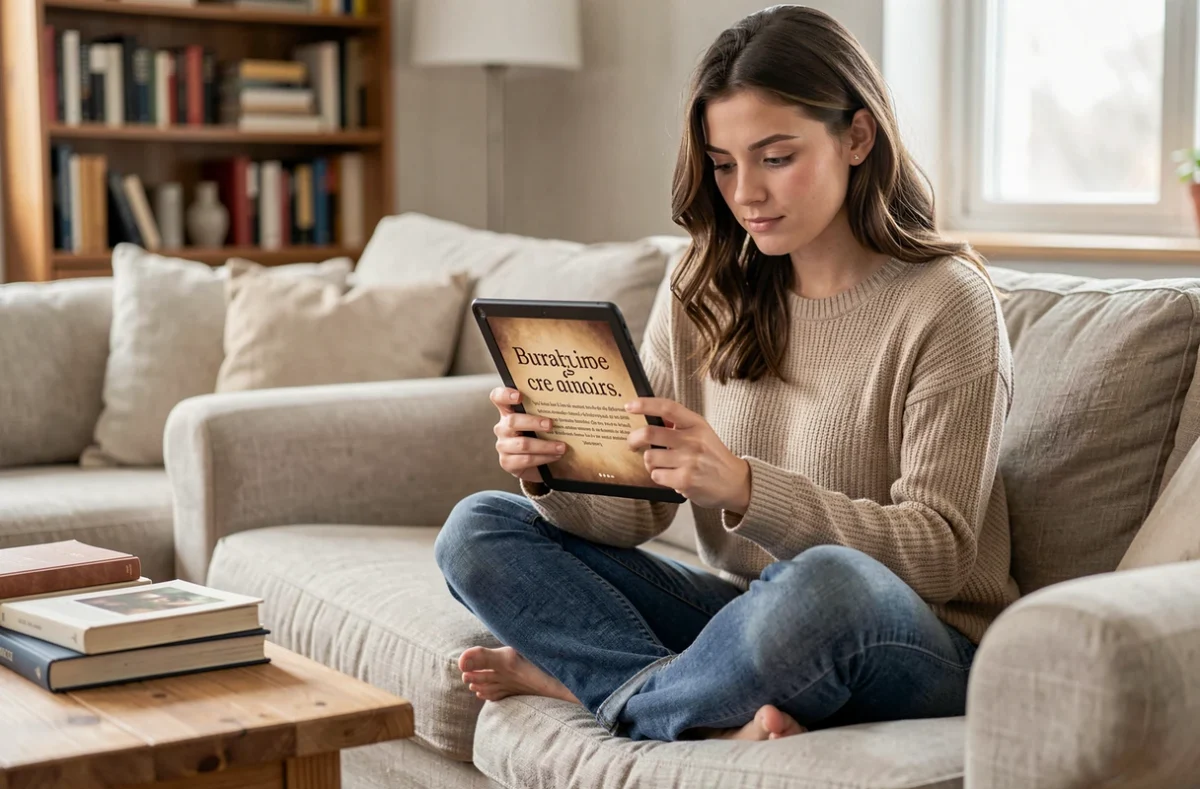 Jeune femme lisant sur une tablette avec fond sépia et texte sombre, montrant l'impact de la couleur d'écran sur le confort des yeux