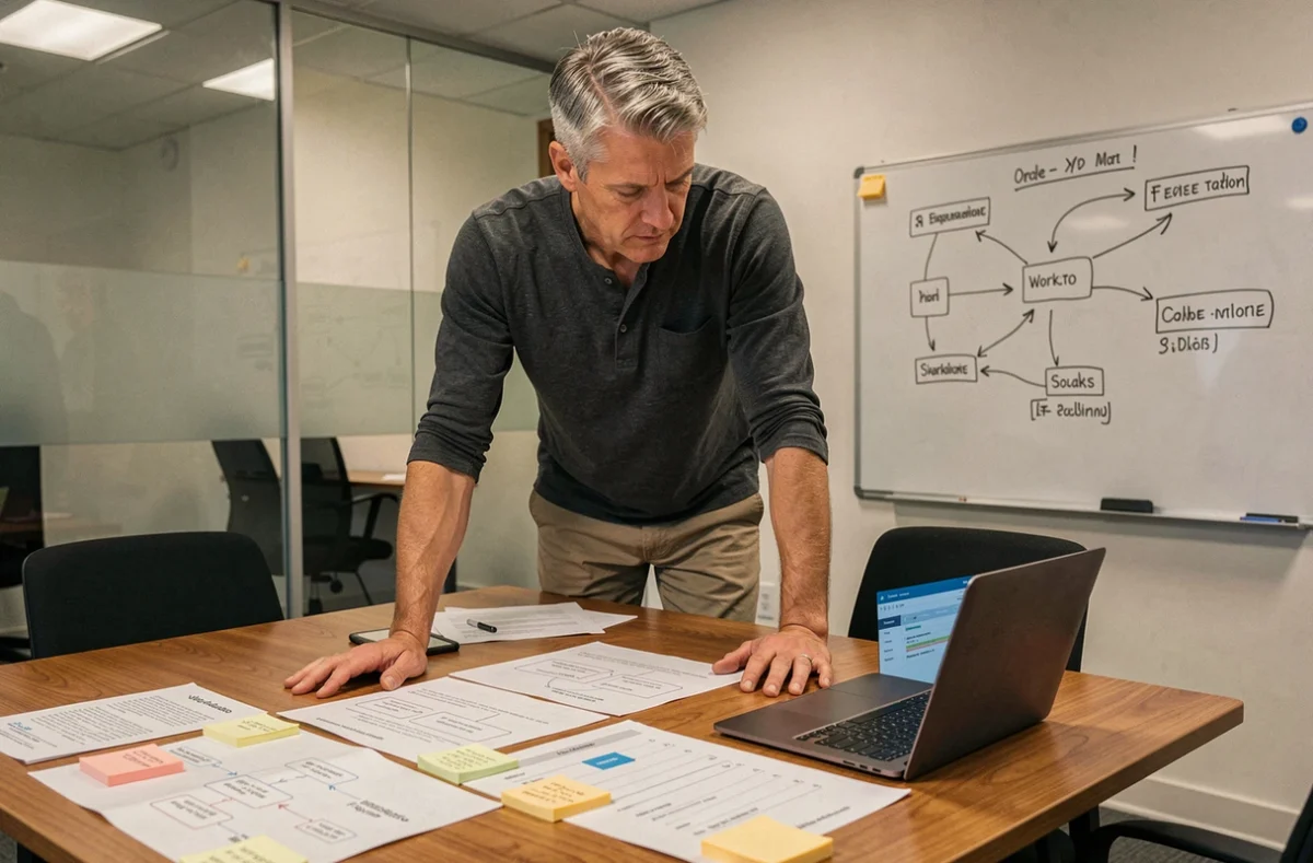 Professionnel analysant des schémas d'automatisation de flux de travail Workato dans une salle de réunion vitrée