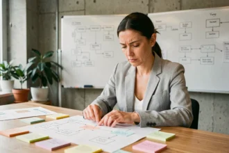 Designer UX analysant un flux utilisateur sur des diagrammes imprimés dans un studio de design moderne