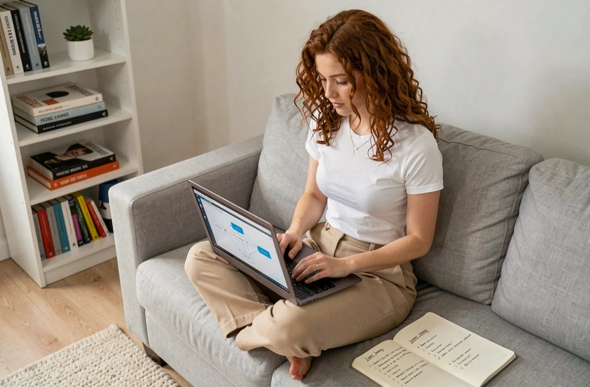 Jeune designeuse UX travaillant sur un flux utilisateur numérique depuis son bureau à domicile avec un ordinateur portable