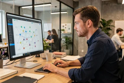 Développeur web analysant une visualisation de réseau de backlinks sur un écran d'ordinateur dans un bureau moderne