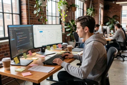 Développeur de logiciels en train de coder une application mobile sur deux écrans dans un bureau tech moderne
