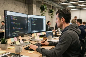 Développeur Java comparant les versions Java 17 et Java 21 sur un écran ultrawide dans un bureau moderne