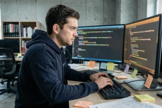 Développeur concentré face à du code C++ complexe sur double écran dans un bureau moderne