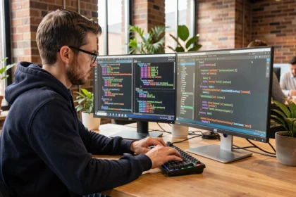 Développeur web consultant une documentation d'API sur deux écrans dans un espace de travail moderne