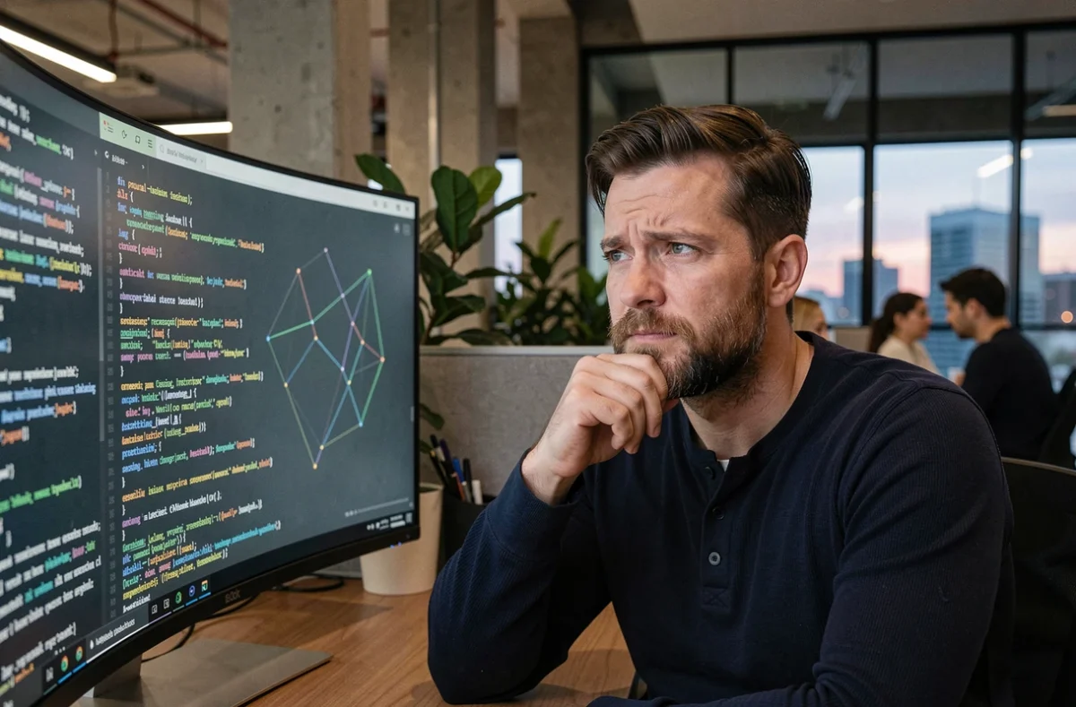 Développeur en traitement automatique du langage naturel face à des graphes de clusters sémantiques sur écran
