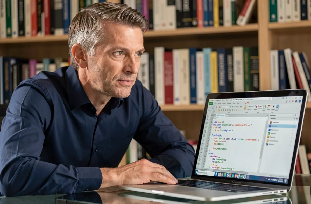 Développeur masculin rédigeant du code VBA pour automatiser le transfert de données entre Access et Excel