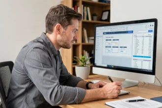 Développeur web masculin analysant un devis de création de site web sur son ordinateur dans un bureau moderne