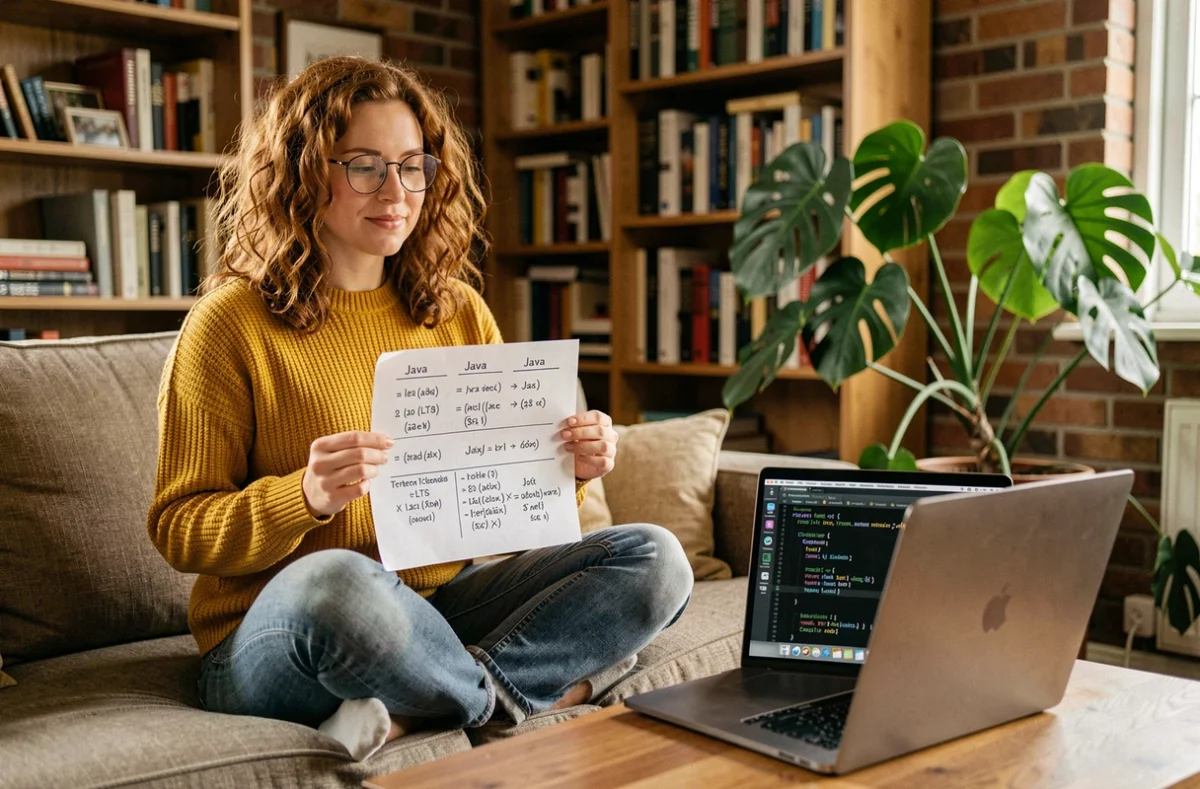 Développeuse Java étudiant les différences entre Java 17 LTS et Java 21 LTS à domicile