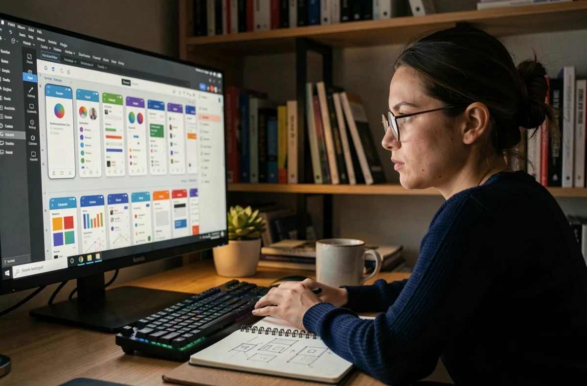 Développeuse travaillant seule sur un prototype d'application mobile dans un bureau à domicile
