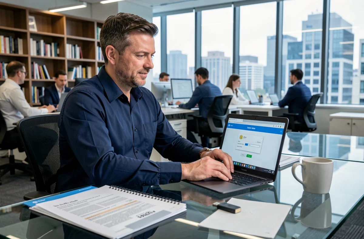Homme enregistrant un document OpenOffice au format Word DOCX sur un ordinateur portable dans un bureau professionnel