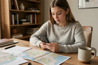 Jeune femme planifiant un itinéraire de voyage sur son smartphone avec une carte papier et des notes sur un bureau en bois