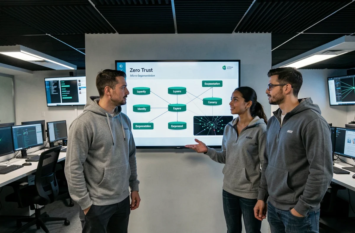 Équipe d'analystes en cybersécurité discutant d'une architecture Zero Trust dans un centre opérationnel moderne