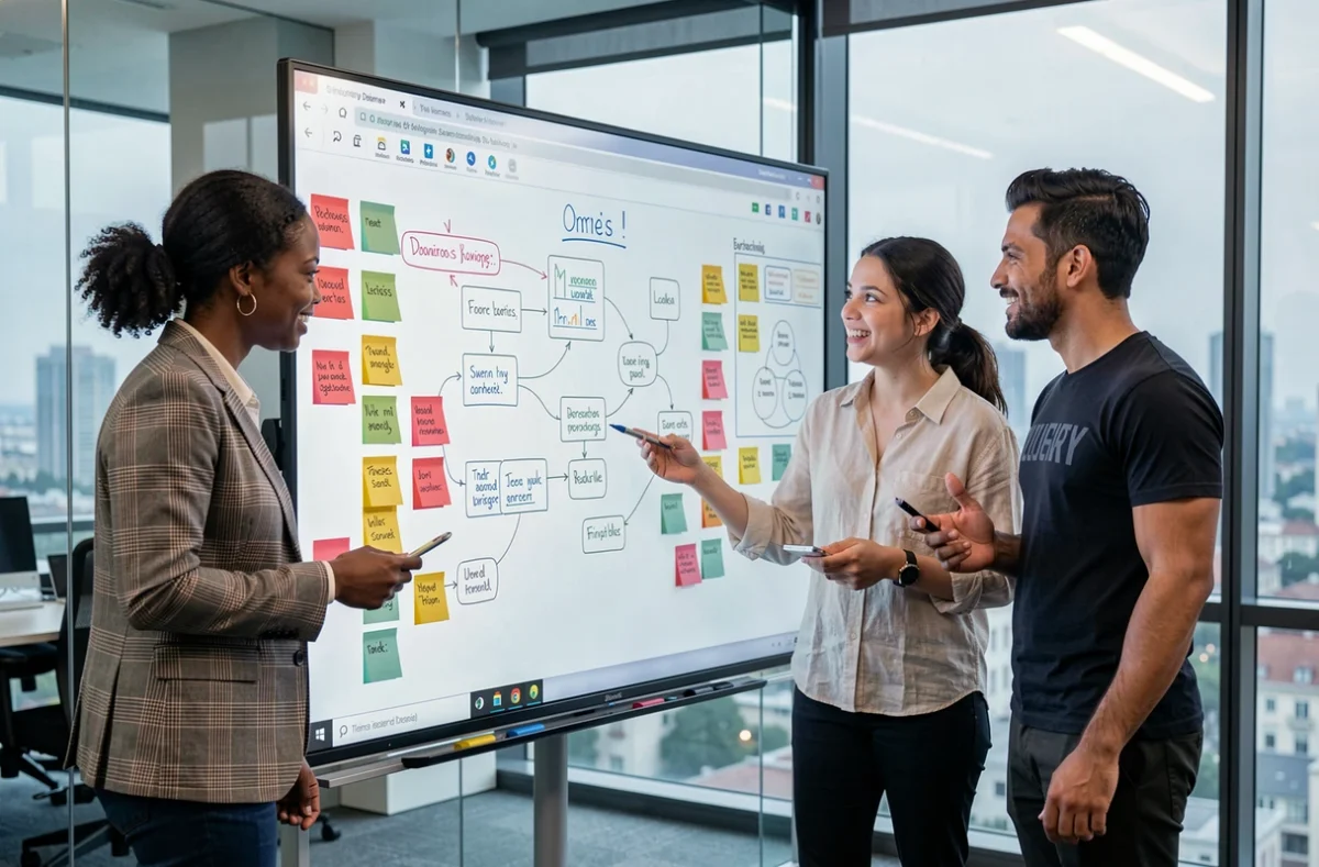 Équipe de développeurs collaborant sur la conception d'une application autour d'un tableau blanc interactif
