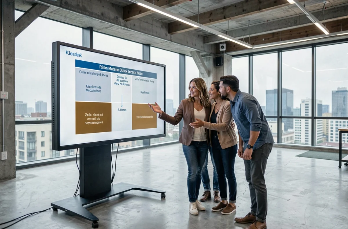 Équipe de professionnels en discussion devant un écran tactile affichant une matrice de mapping des risques divisée en trois zones distinctes