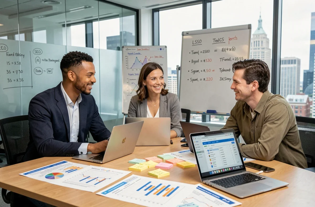 Équipe de professionnels SEO en réunion analysant des indicateurs clés de performance et des rapports de référencement autour d'une table de conférence