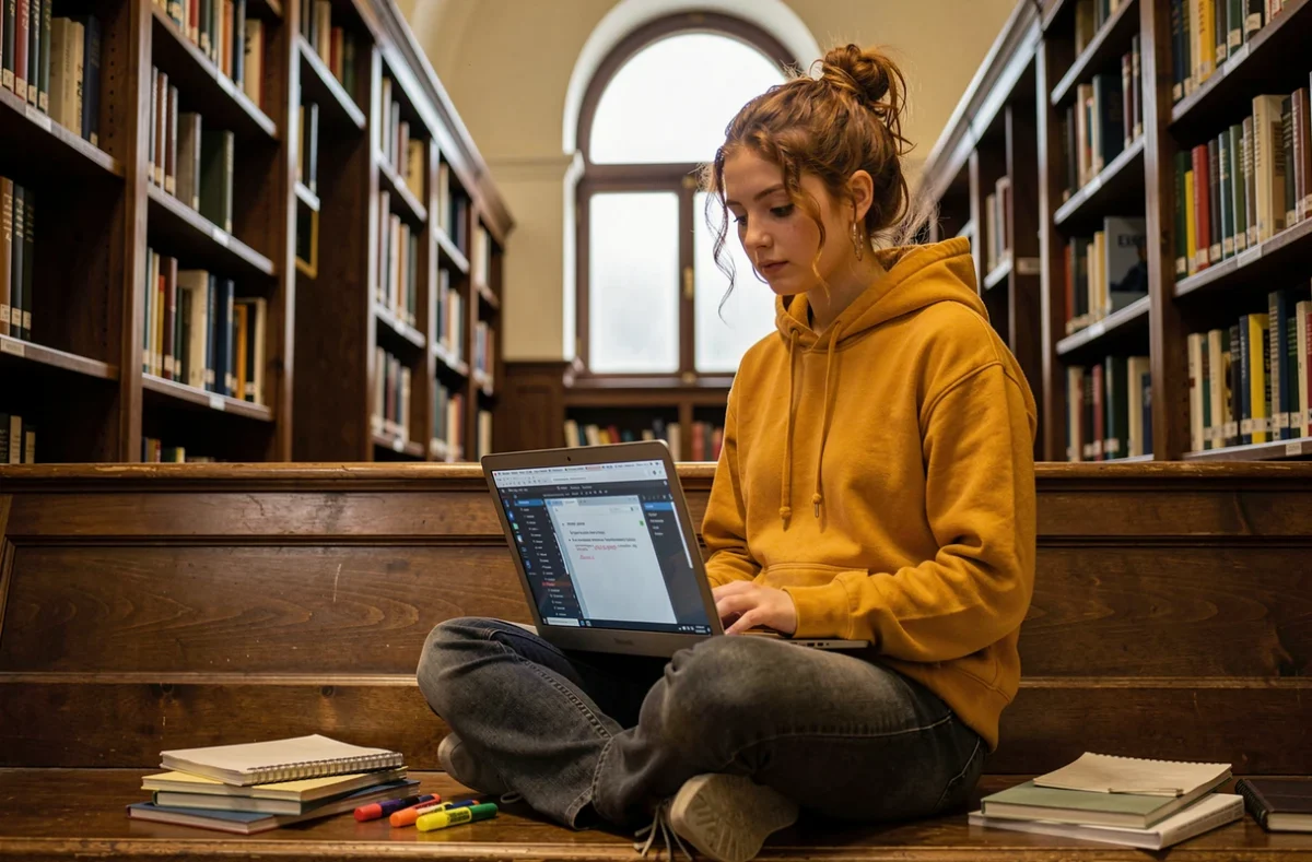 Étudiante annotant un fichier PDF avec un logiciel gratuit dans une bibliothèque universitaire
