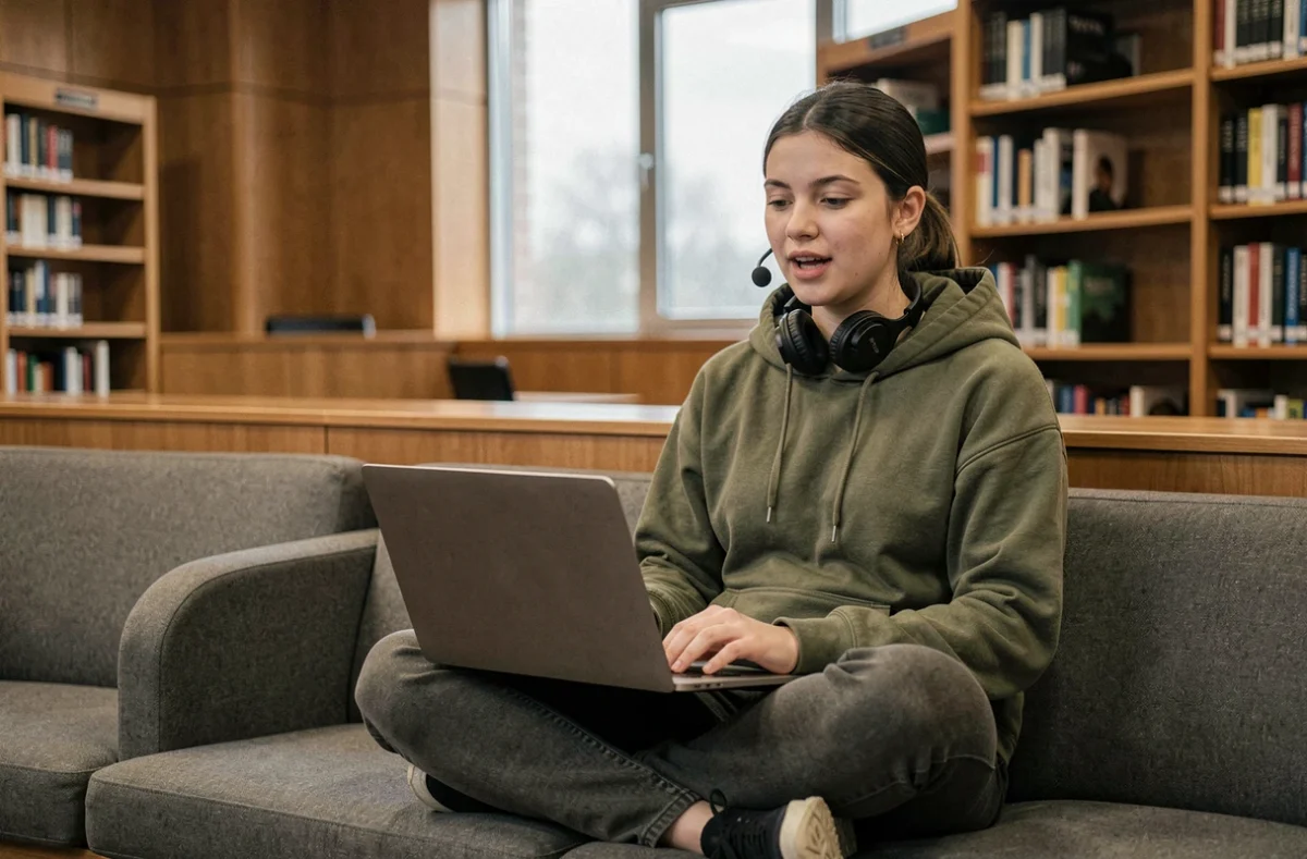 Étudiante en bibliothèque universitaire utilisant un logiciel de transcription vocale sur son ordinateur portable pour ses cours