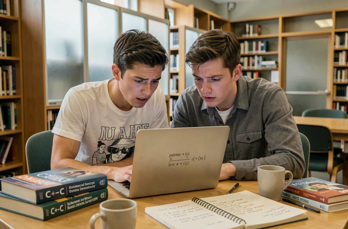 Deux étudiants en informatique collaborant sur un exercice de programmation C++ à la bibliothèque universitaire