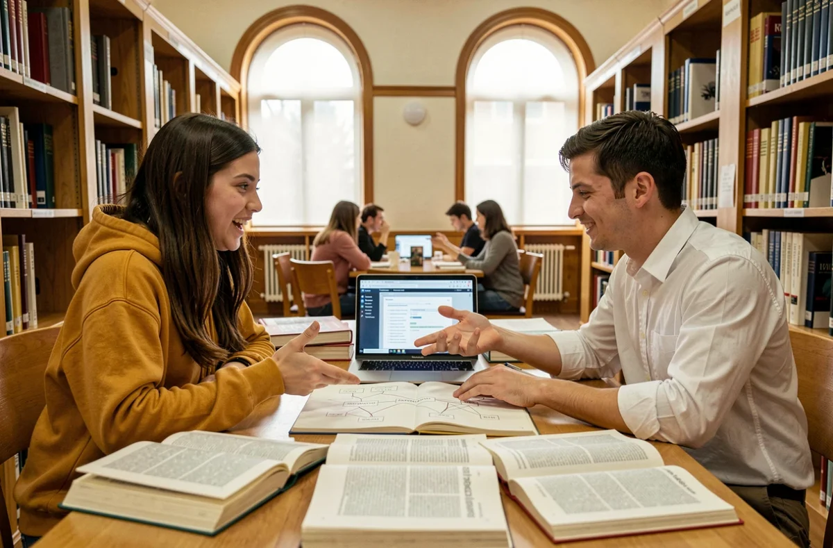 Deux étudiants en linguistique discutant d'ambiguïté sémantique autour de diagrammes et de dictionnaires dans une bibliothèque universitaire