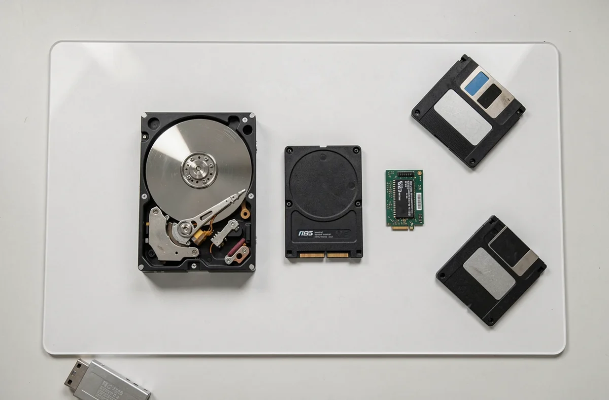 Vue du dessus comparant l'évolution des supports de stockage HDD, SATA SSD et SSD M.2 sur un tapis antistatique blanc