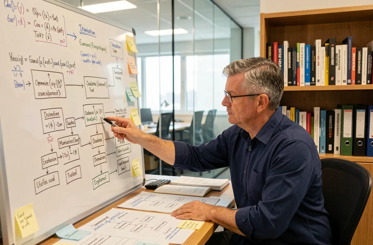Expert en bases de données analysant des schémas d'optimisation sur un tableau blanc dans un bureau privé vitré