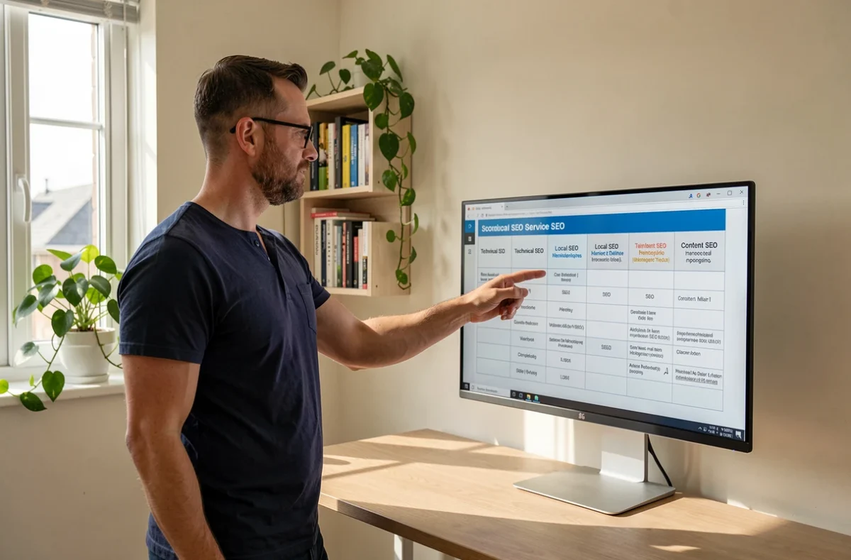 Expert en référencement comparant différents types de services SEO sur un grand écran dans un bureau à domicile