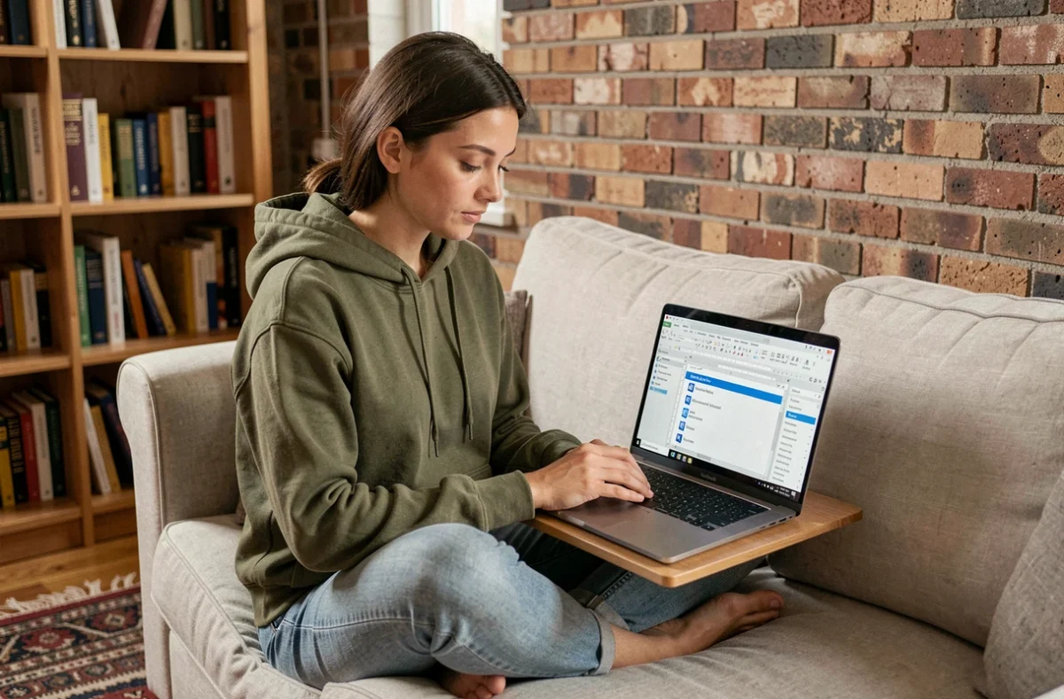 Jeune femme exportant un document LibreOffice Writer au format Microsoft Word depuis son canapé à la maison