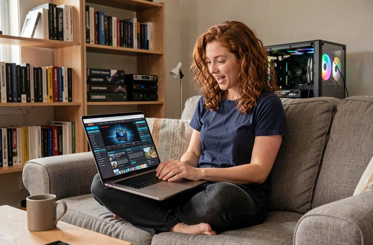 Jeune femme consultant les actualités sur la sortie de la RTX 6000 sur son ordinateur portable
