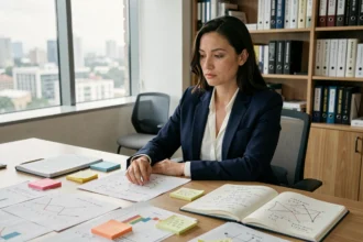 Femme analyste assise à un bureau recouvert de schémas et formules d'optimisation mathématique dans un bureau moderne
