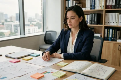 Femme analyste assise à un bureau recouvert de schémas et formules d'optimisation mathématique dans un bureau moderne