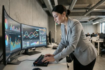 Femme analyste de données travaillant sur des tableaux de bord numériques dans un bureau technologique moderne, illustrant l'optimisation des données