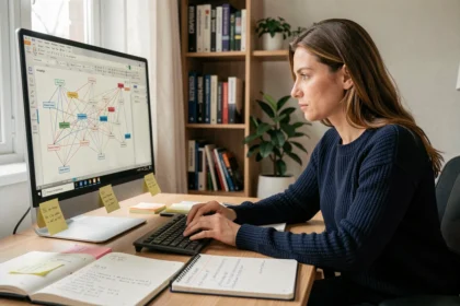 Femme analyste SEO étudiant un graphe de backlinks sur son écran d'ordinateur dans un bureau à domicile