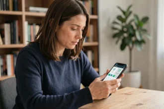 Femme consultant une application de sécurité mobile sur smartphone dans un bureau à domicile