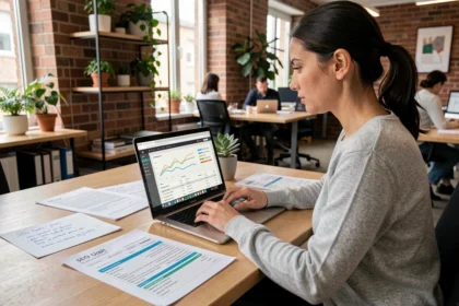 Femme professionnelle analysant des données d'audit SEO sur un ordinateur portable dans un bureau moderne