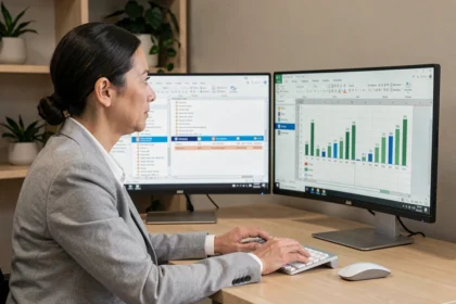 Femme professionnelle travaillant sur la connexion entre Microsoft Access et Excel sur deux écrans de bureau