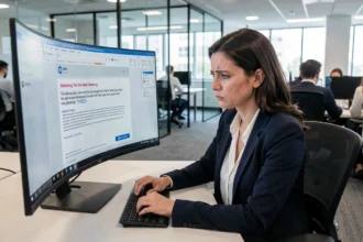 Femme en bureau examinant un email de phishing suspect sur son écran d'ordinateur