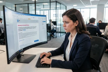 Femme en bureau examinant un email de phishing suspect sur son écran d'ordinateur