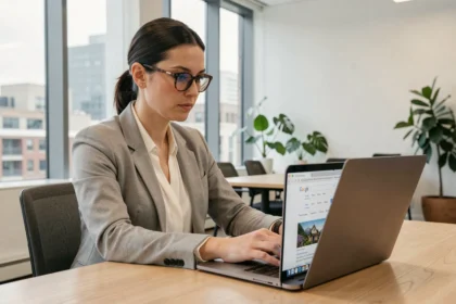 Femme professionnelle consultant Google sur un ordinateur portable dans un bureau moderne, questionnant le rôle de Google comme réseau social