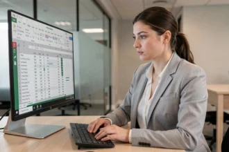 Femme analysant un taux de conversion sur Excel dans un bureau moderne