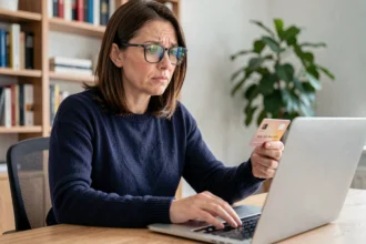 Femme tenant une carte bancaire devant un ordinateur portable pour désactiver la protection internet
