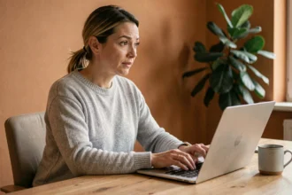 Femme utilisant un chatbot sur son ordinateur portable dans un bureau à domicile moderne