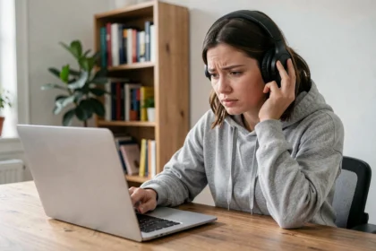 Jeune femme frustrée devant son ordinateur portable avec un casque audio, illustrant les erreurs de conversion vidéo en MP3