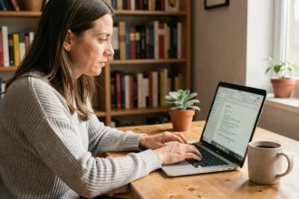 Femme en train d'écrire un texte sur un traitement de texte dans un bureau à domicile chaleureux