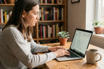 Femme en train d'écrire un texte sur un traitement de texte dans un bureau à domicile chaleureux