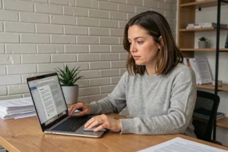 Femme utilisant un éditeur PDF gratuit sur un ordinateur portable dans un bureau à domicile organisé