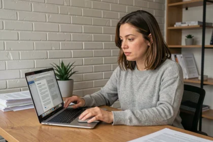 Femme utilisant un éditeur PDF gratuit sur un ordinateur portable dans un bureau à domicile organisé