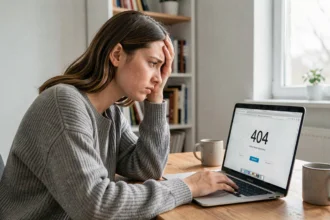 Femme frustrée devant un écran d'ordinateur affichant une erreur 404 lors d'un bug de site web