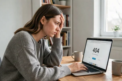 Femme frustrée devant un écran d'ordinateur affichant une erreur 404 lors d'un bug de site web